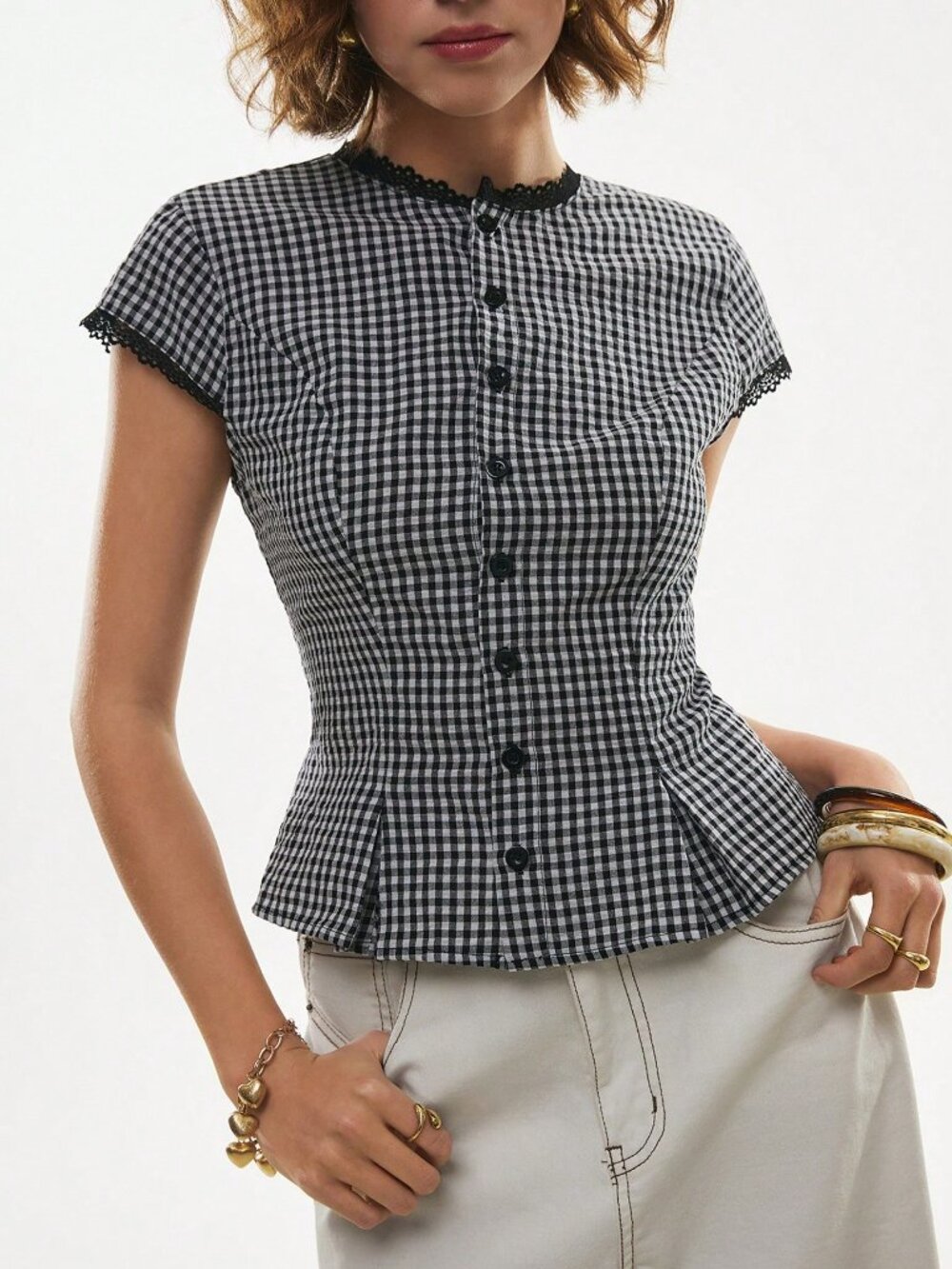 Black and White Casual Women's Gingham Lace Trim Peplum Button-Down Shirt - Picture 3 of 7